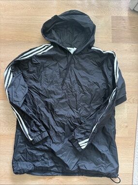 adidas Black Hooded Windbreaker with White Three-Stripe Accents